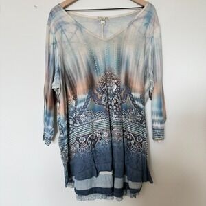 One World Women Top 3X Ombre‎ Sequins Lace Mixed Media V-Neck 3/4 Sleeve Artsy